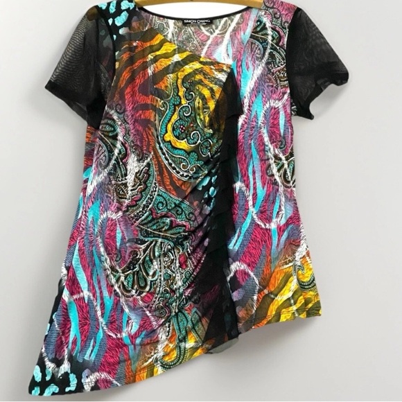 Simon Chang Tops - Simon Chang Women XL Abstract Animal Print Sleeveless Sheer Black Ruffle Shirt